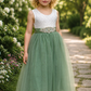 flower girl dress in sage tulle with white lace sleeveless dress full length. 