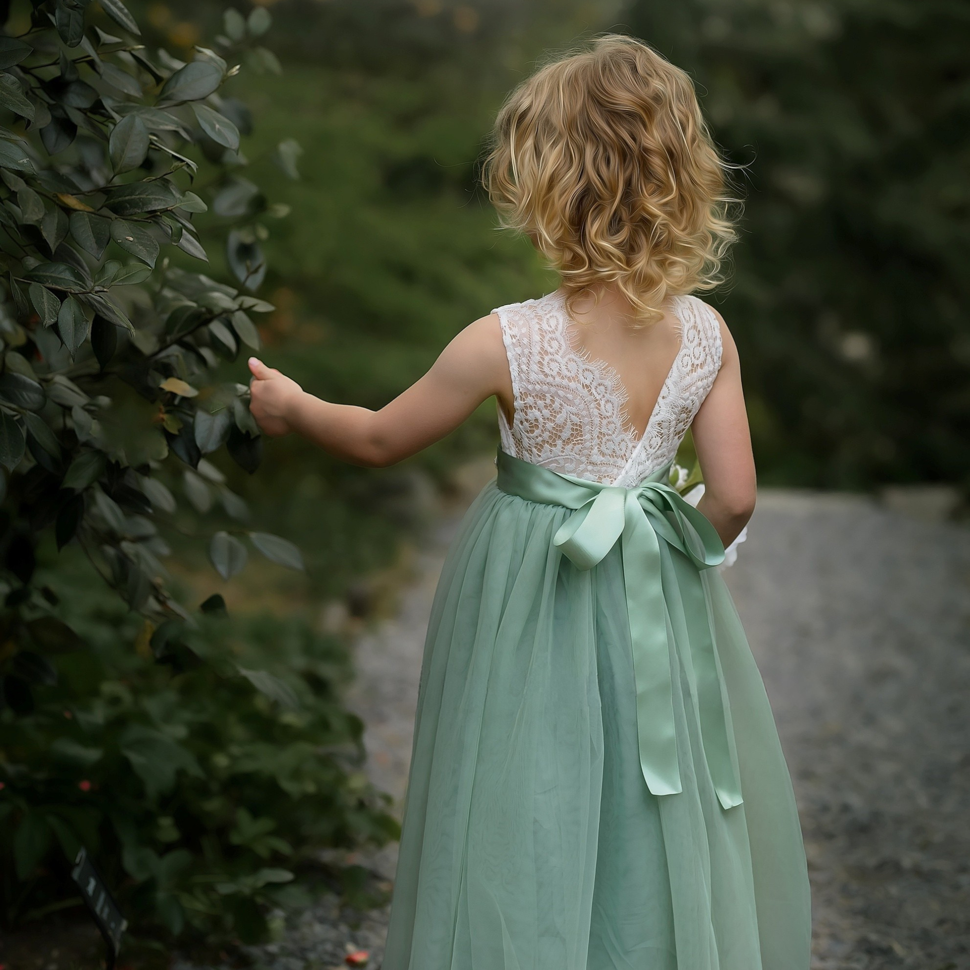 sage flower girl dress in tulle and white lace. 