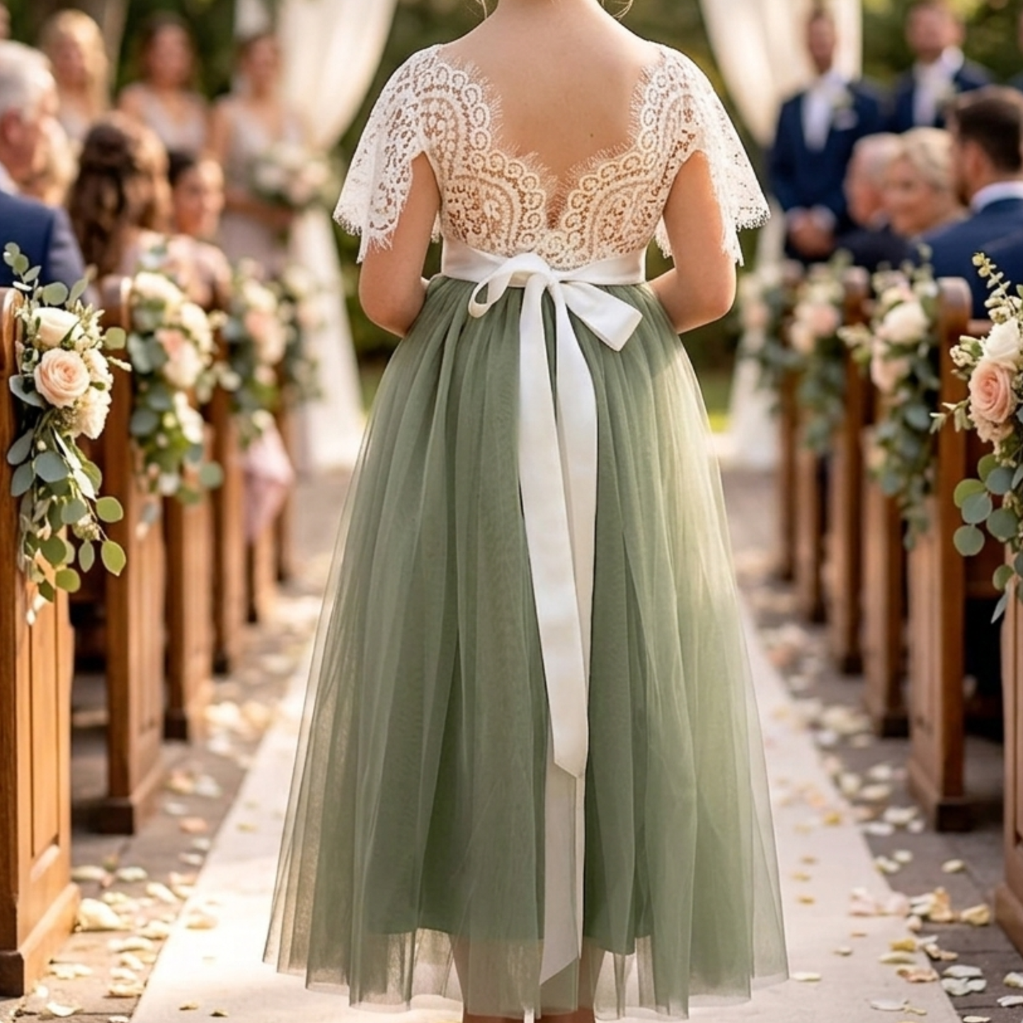 sage flower girl dress in sage green tulle and short sleeve white lace bodice. 