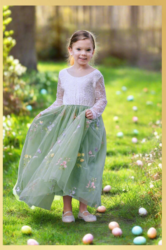 Girls Easter Dress in Sage Green Floral and white lace full length