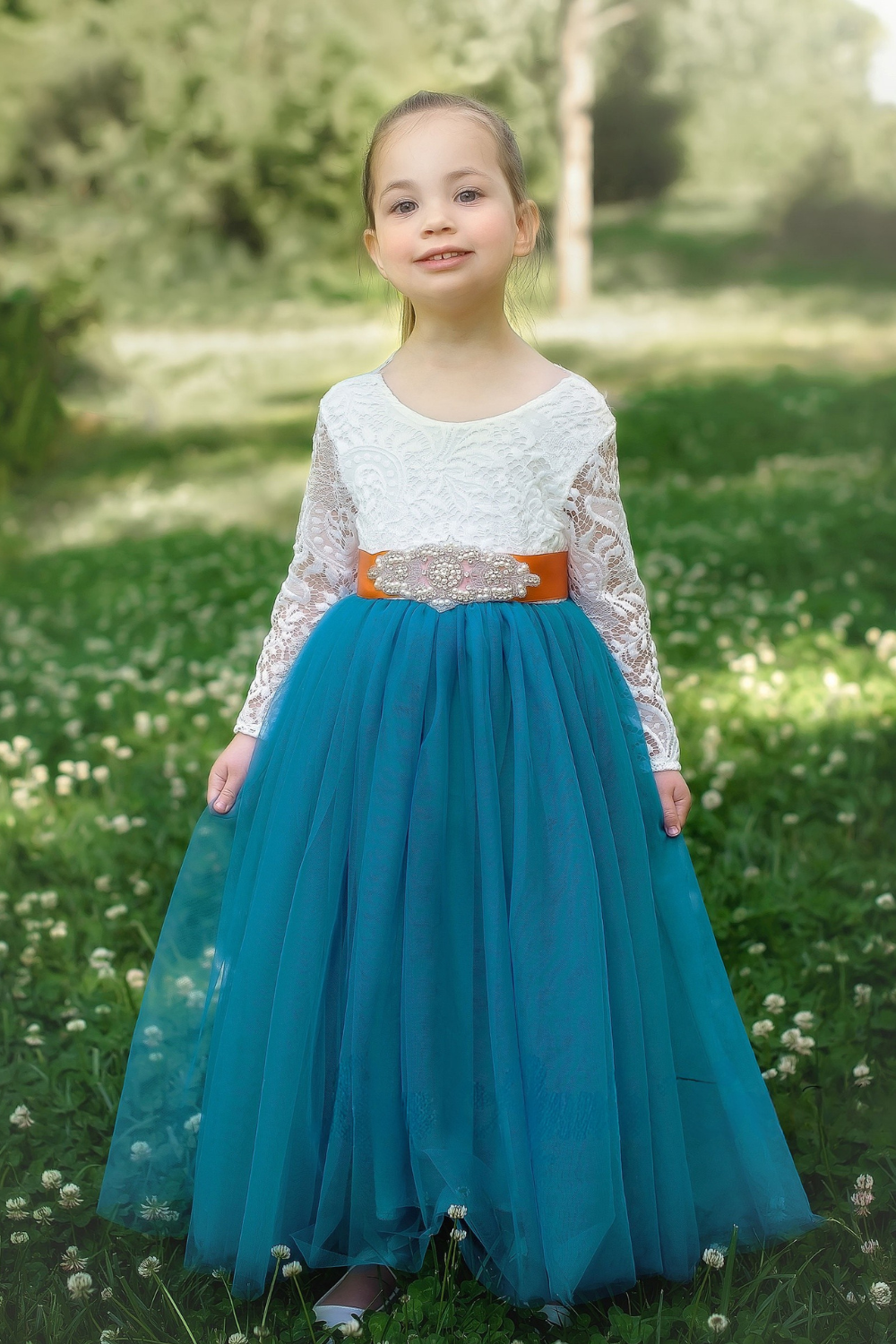 Flower girl dress in teal tulle with white lace top and optional sash