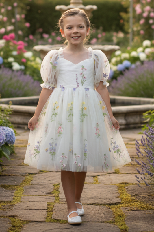 White floral flower girl dress with big puffy sleeves and big bow in back. 
