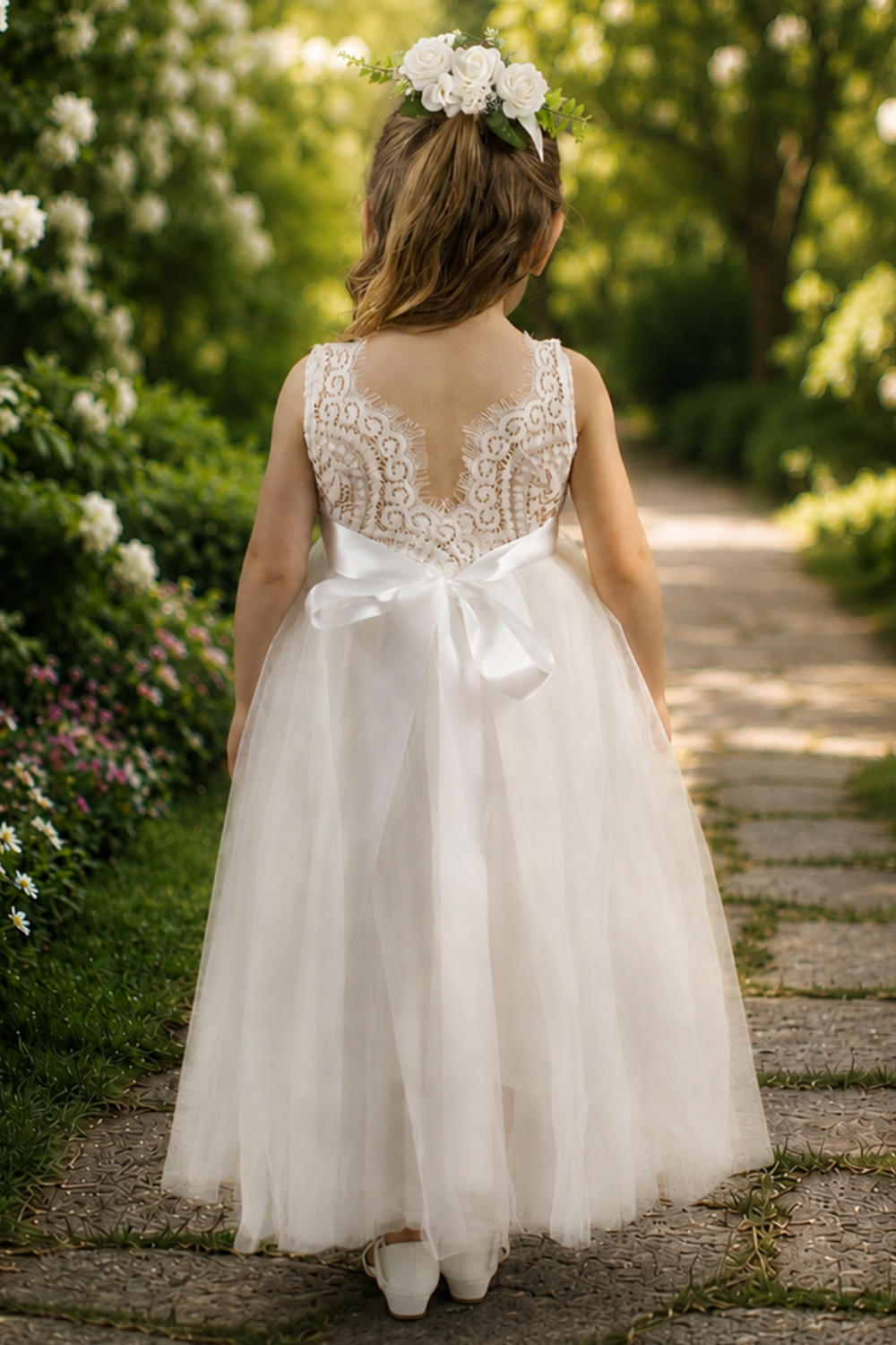 flower girl dress in all white tulle with white lace sleeveless dress full length. 
