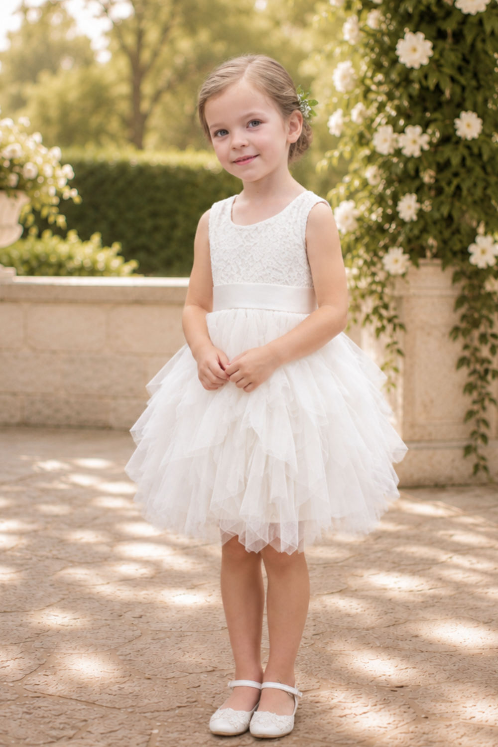white flower girl dress in a lace and tulle. A tutu tiered style knee length dress with a sleeveless white lace bodice