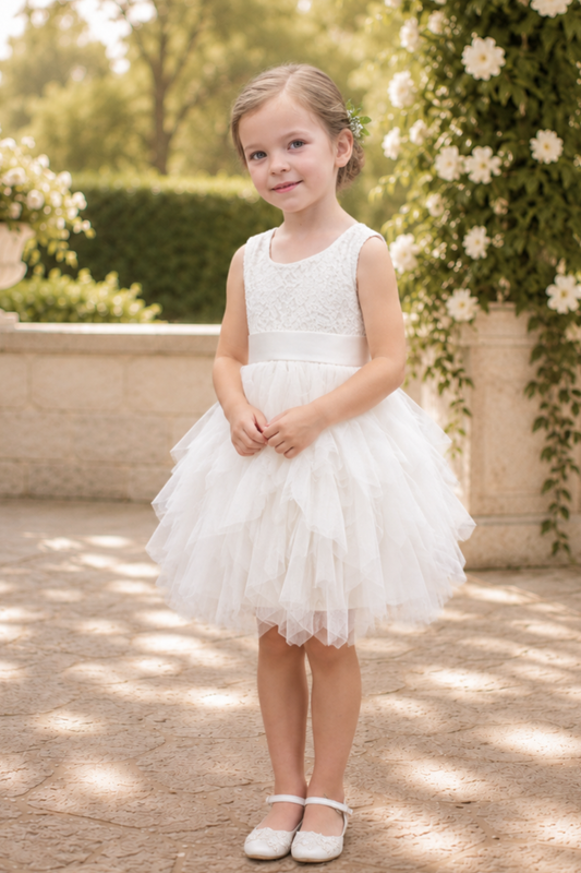 white flower girl dress in a lace and tulle. A tutu tiered style knee length dress with a sleeveless white lace bodice