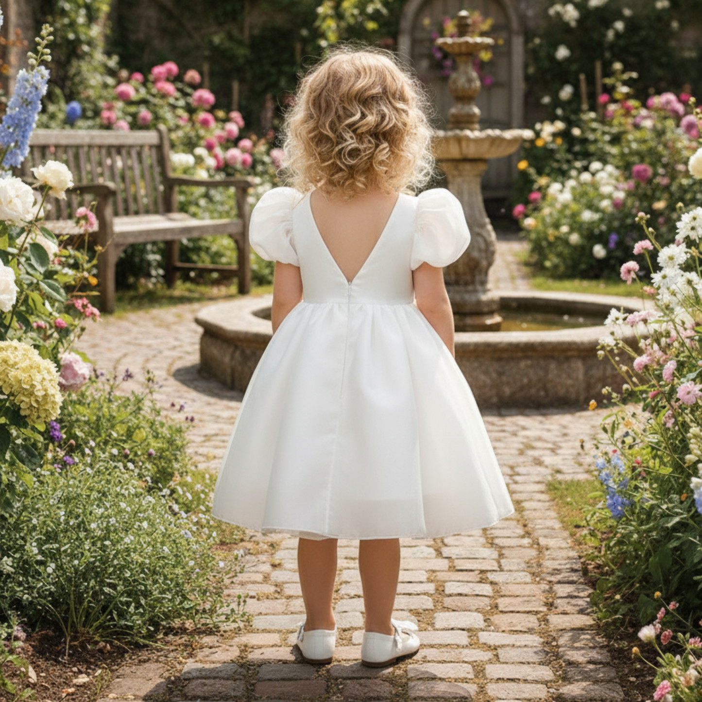flower girl dress in white with puffy sleeves and big bow