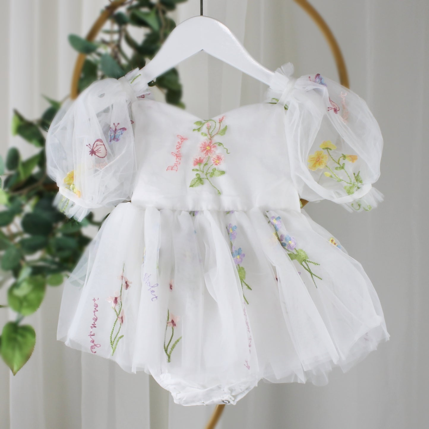 White floral flower girl dress for spring and summer weddings or other special occasions like birthdays and holidays. 