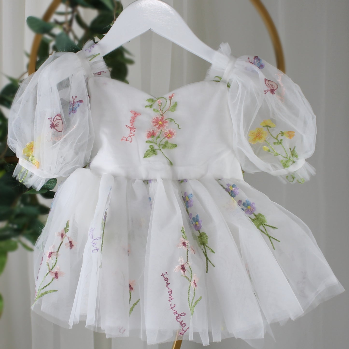 White floral flower girl dress for spring and summer weddings or other special occasions like birthdays and holidays. 