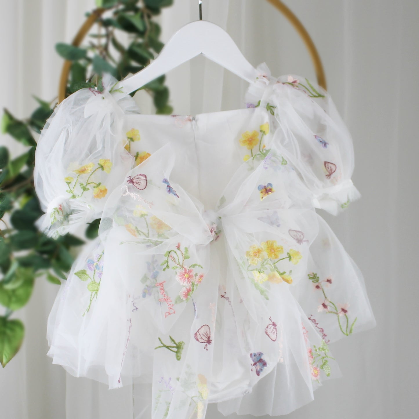 White floral flower girl dress for spring and summer weddings or other special occasions like birthdays and holidays. 