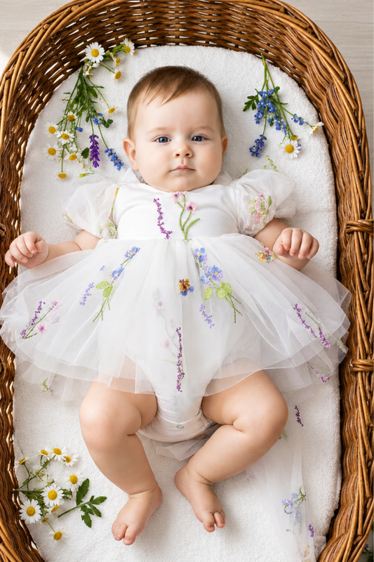 Baby girl floral white embroidered romper dress 