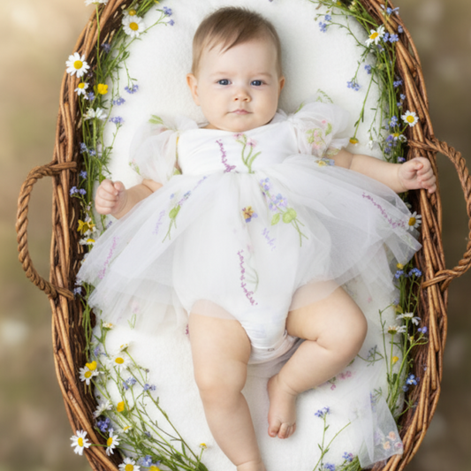 White floral flower girl dress for spring and summer weddings or other special occasions like birthdays and holidays. 