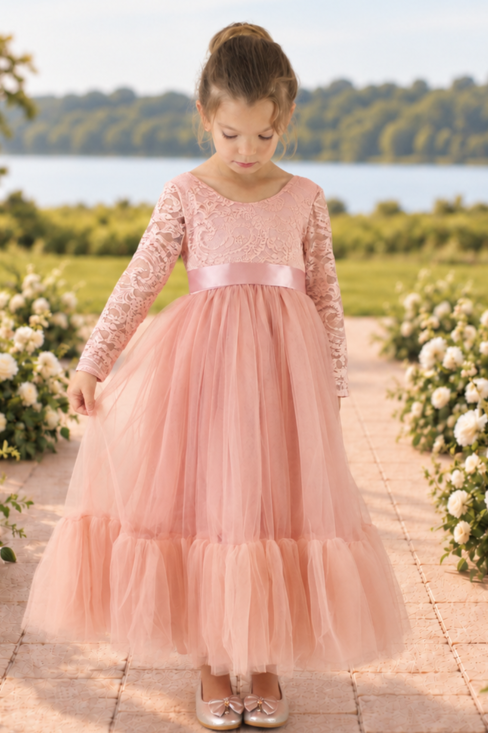 Flower Girl Dress Blush Long Sleeve Lace and Tulle