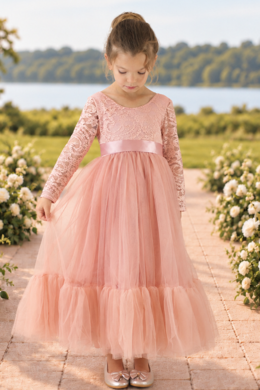 Flower Girl Dress Blush Long Sleeve Lace and Tulle