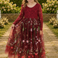 burgundy flower girl dress in embroidered floral burgundy tulle. Long lace sleeves and a full length style.