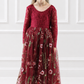 floral flower girl dress in embroidered floral burgundy tulle. Long lace sleeves and a full length style.
