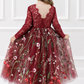 fall flower girl dress in embroidered floral burgundy tulle. Long lace sleeves and a full length style.