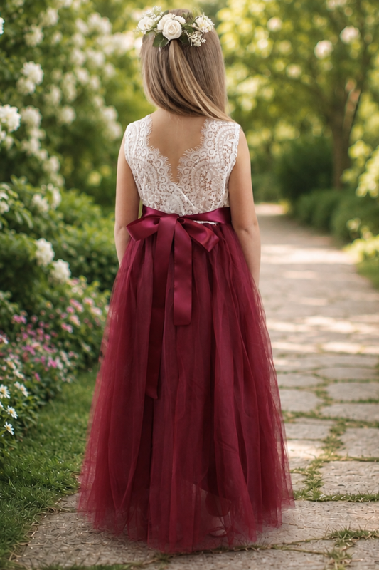 Flower girl dress in burgundy tulle and white lace sleeveless style. 