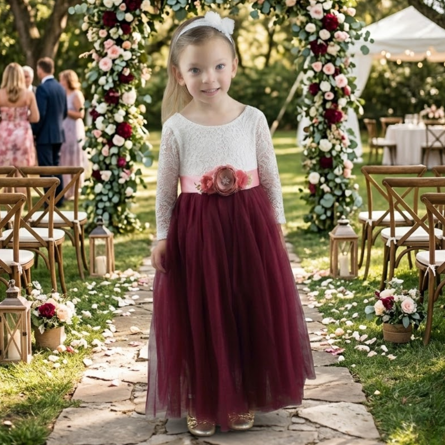 burgundy flower girl dress in tulle and lace