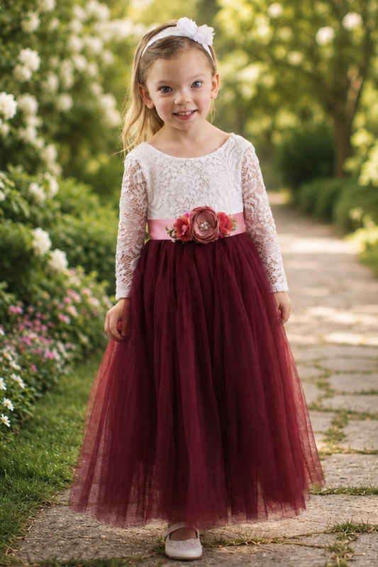 flower girl dress in burgundy tulle and white lace. 