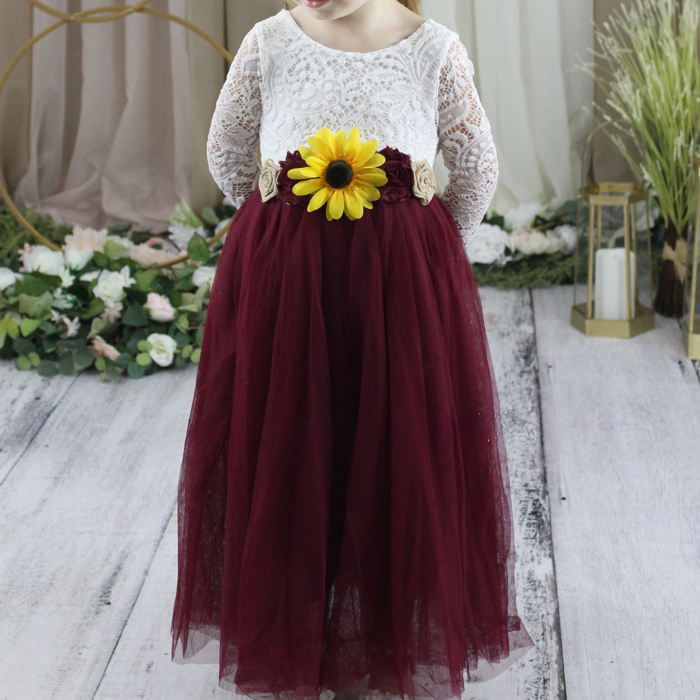 burgundy sunflower flower girl dress in burgundy tulle and white lace bodice with long sleeves