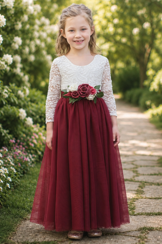 FLower Girl dress in burgundy tulle long sleeves in white lace