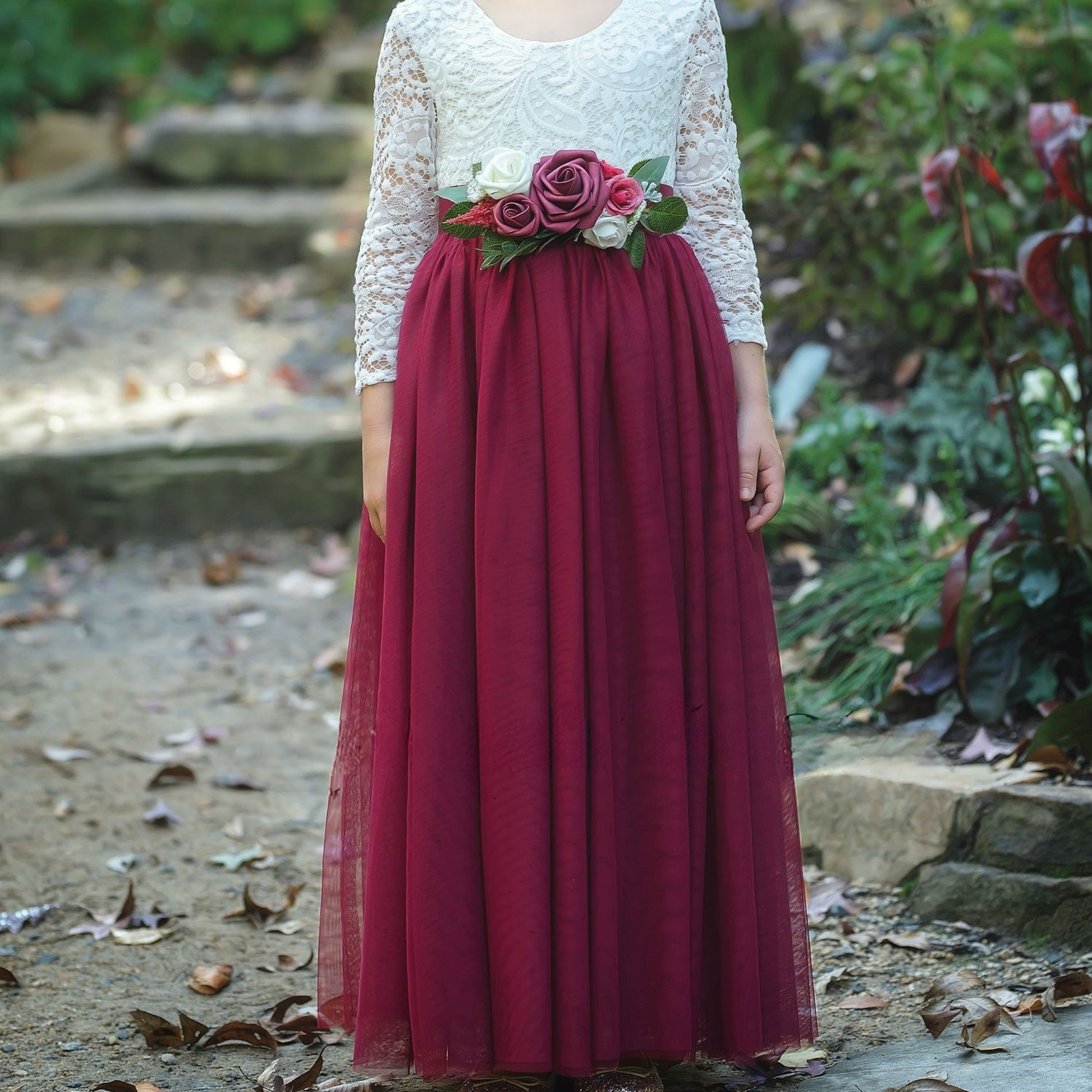 flower girl dress in burgundy tulle and white lace. Large flower sash.