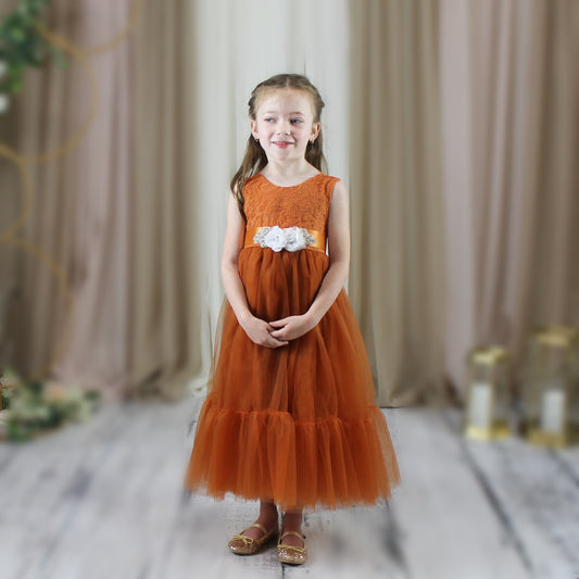 flower girl dress burnt orange tulle and lace for boho style wedding