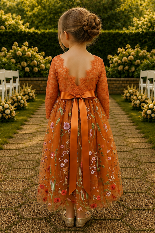 burnt orange floral flower girl dress in floral tulle and lace. 