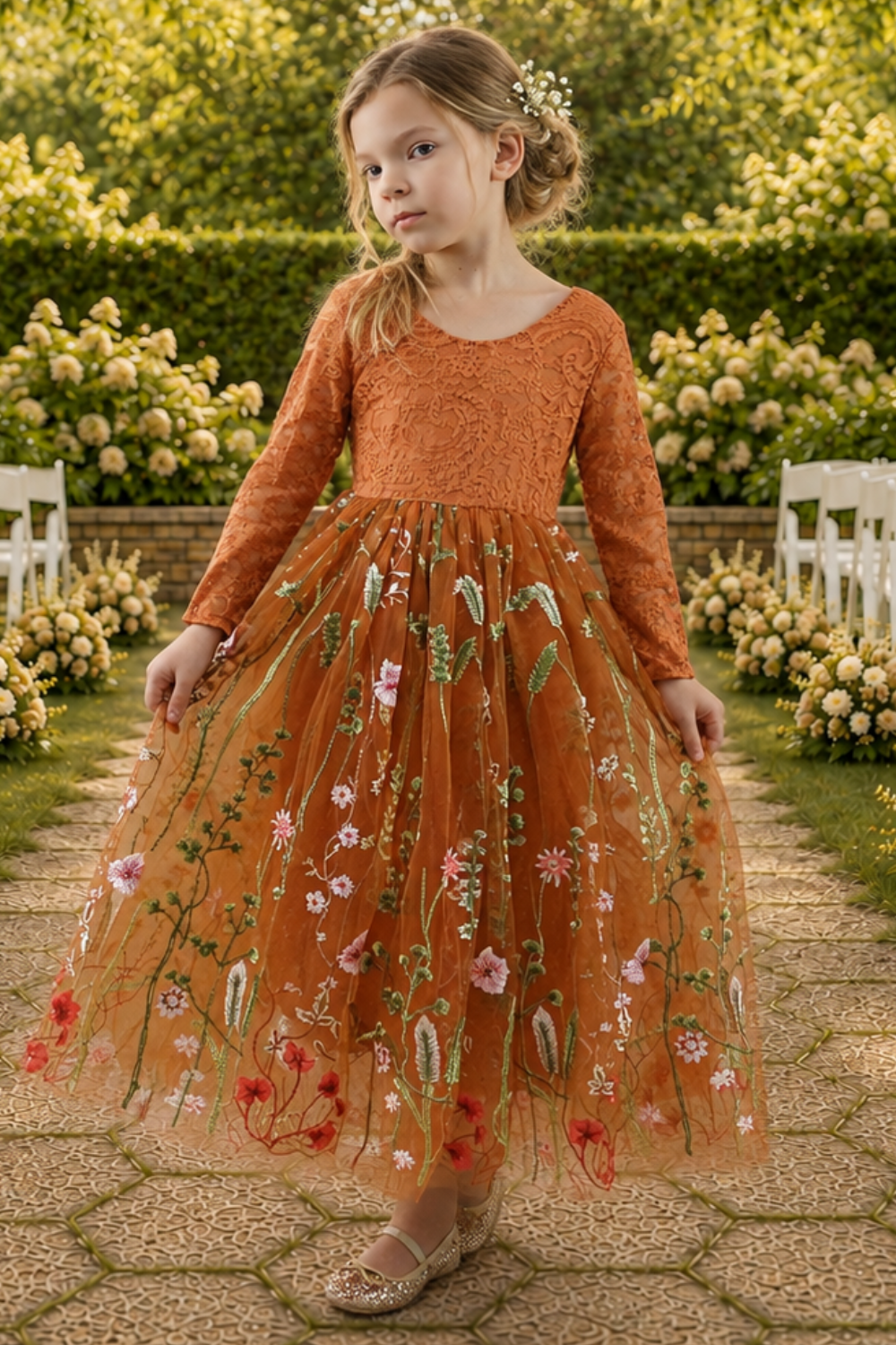 burnt orange floral flower girl dress in floral tulle and lace. 