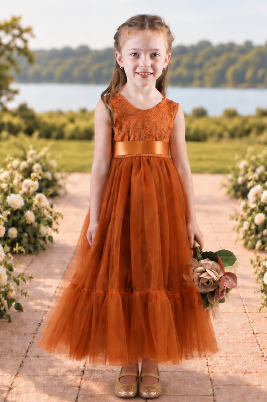 flower girl dress burnt orange tulle and lace for boho style wedding