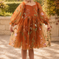 Fall Floral girl dress in burnt orange floral embroidery with long tulle sleeves and knee length style. 