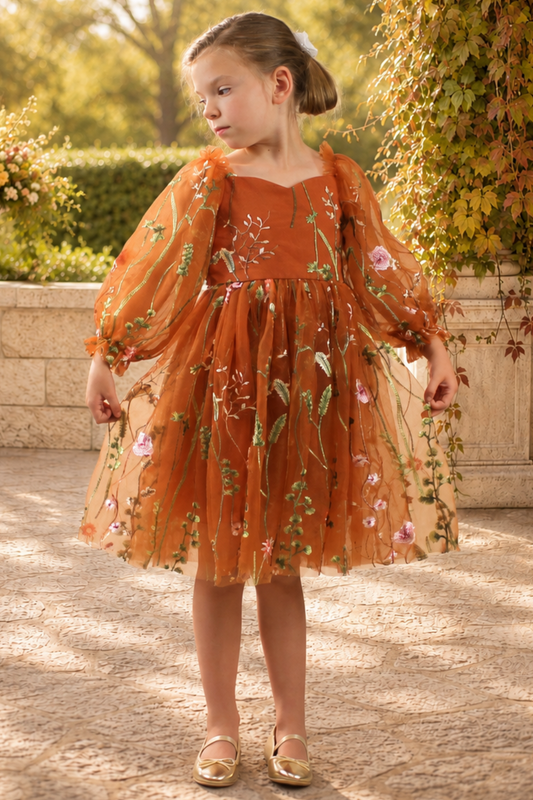 Fall Floral girl dress in burnt orange floral embroidery with long tulle sleeves and knee length style. 