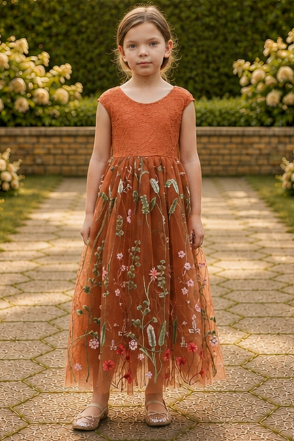 Burnt orange floral embroidery girls' dress. Sleeveless lace sleeves with a floral full length style. perfect for flower girls and special occasions. sizes for babies, toddlers and preteens. 