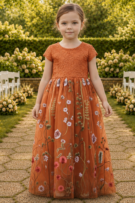 Burnt Orange Floral Flower Girl Dress - Short Sleeve | Fall Secret Garden