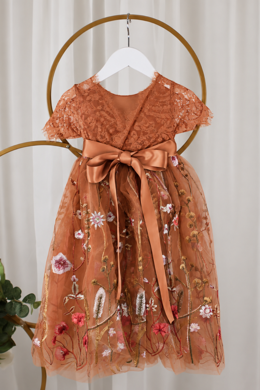 Burnt Orange Floral Flower Girl Dress - Short Sleeve | Fall Secret Garden
