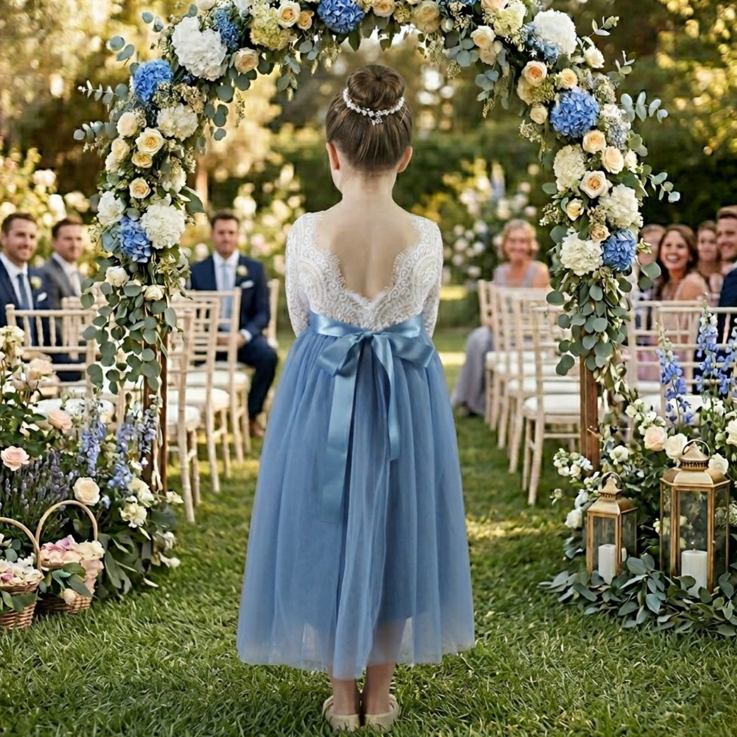 Dusty blue flower girl dress in tulle and lace. Full length dress and long sleeves. 
