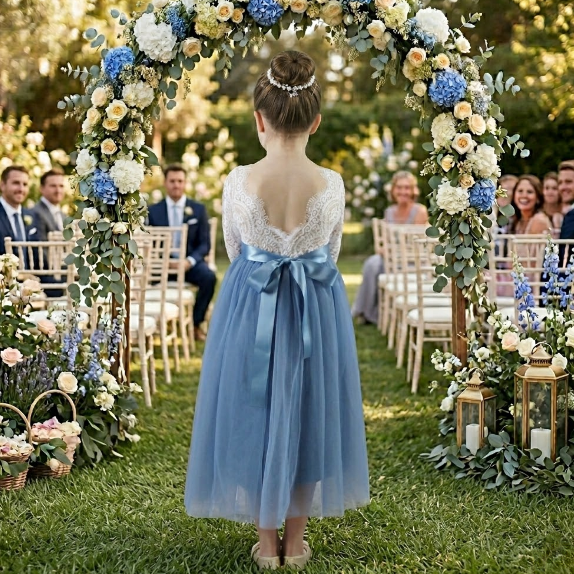 Dusty blue flower girl dress in tulle and lace. Full length dress and long sleeves. 