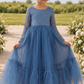 Dusty Blue Flower Girl Dress in a mermaid style. With tulle full dress and lace long sleeves. 