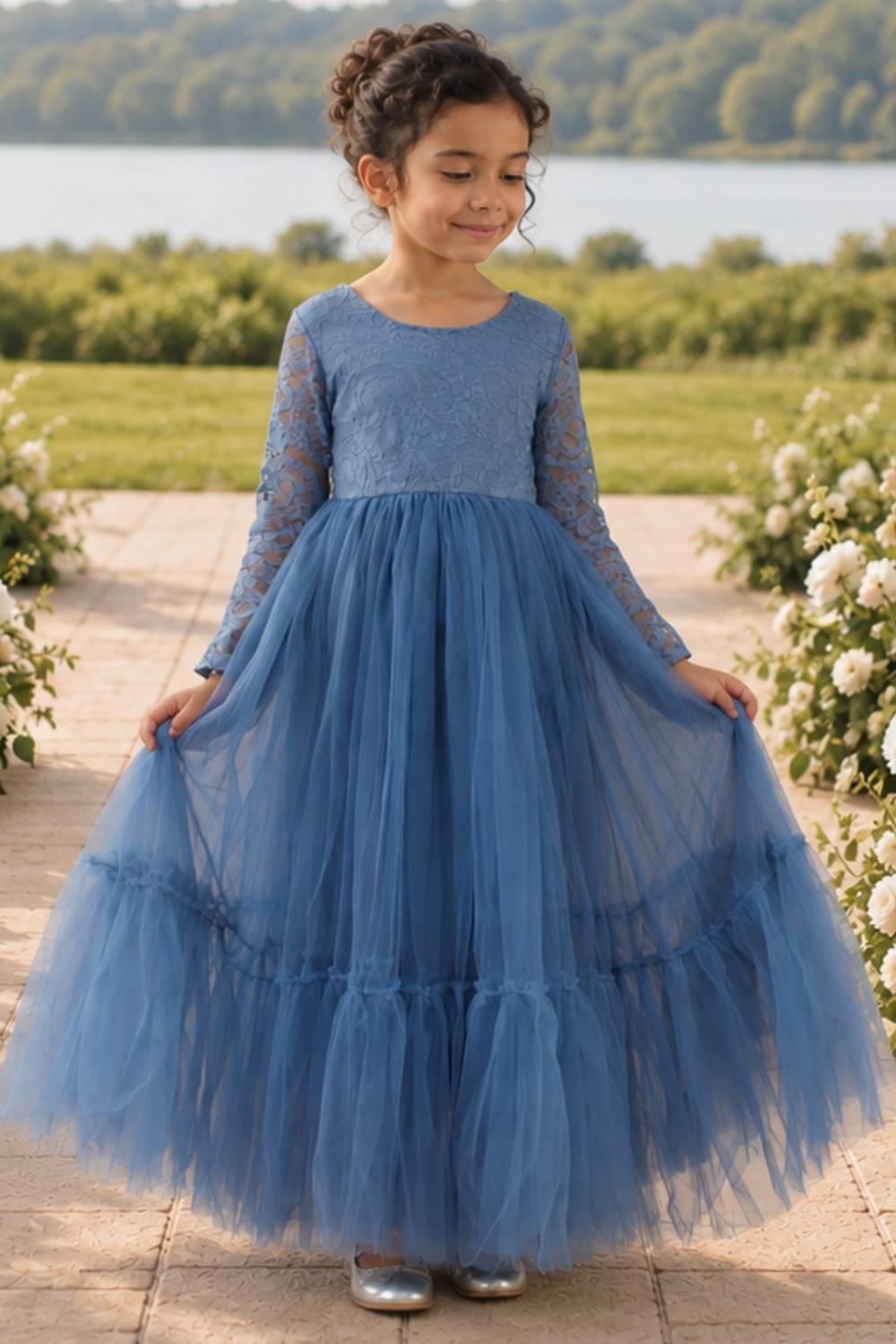 Dusty Blue Flower Girl Dress in a mermaid style. With tulle full dress and lace long sleeves. 