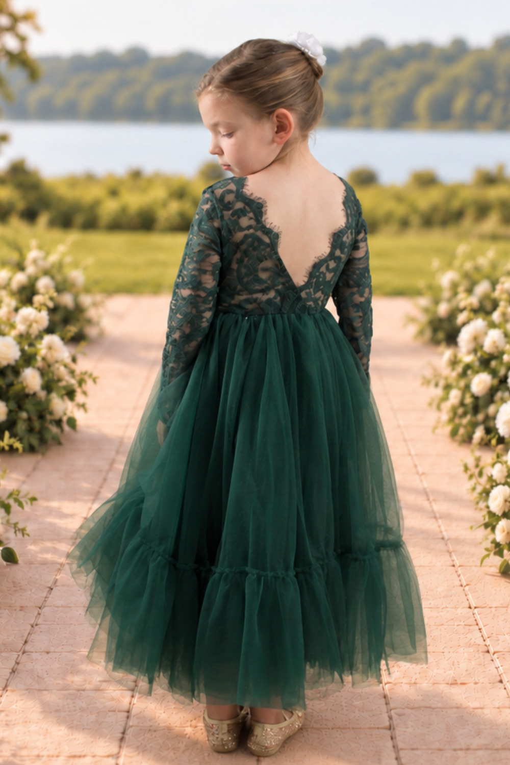 Hunter Green Flower Girl Dress in lace and tulle