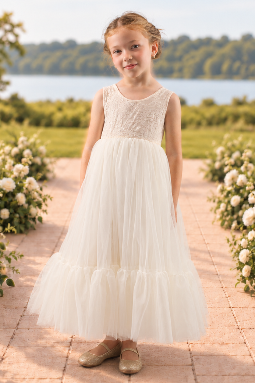Flower girl dress in ivory lace and tulle.