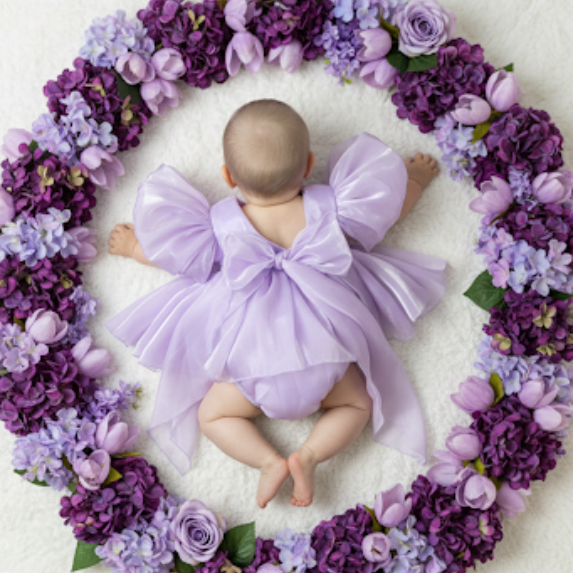 lavender baby girl dress romper.  puffy sleeves and big bow 