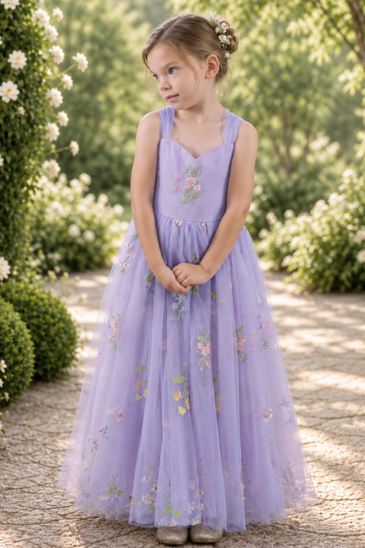 flower girl dress in lavender floral embroidered tulle in a sleeveless full length style. 