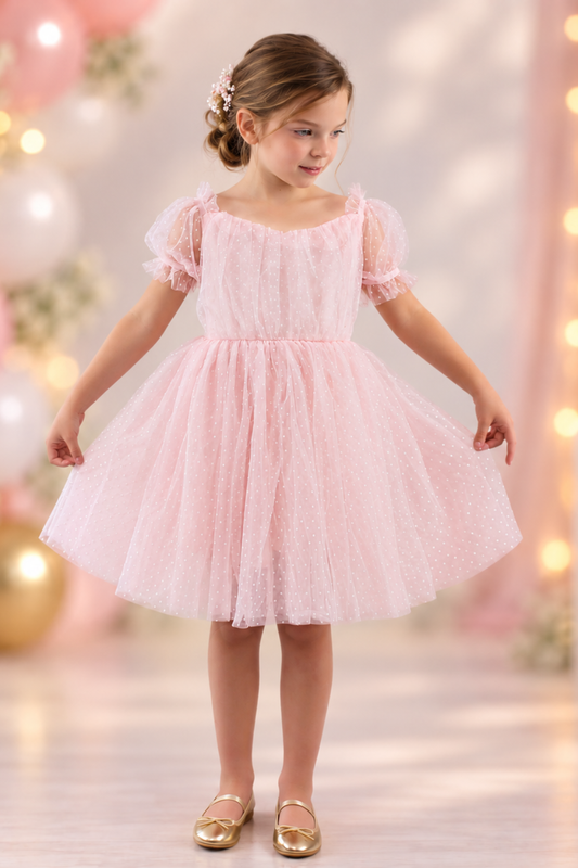 Girls birthday dress in light pink Swiss dot tulle with sheer puff sleeves, sweetheart neckline and knee-length skirt.