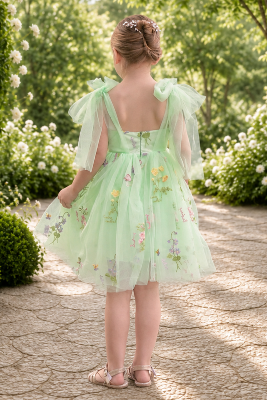 Mint flower girl dress in tulle and embroidery flowers