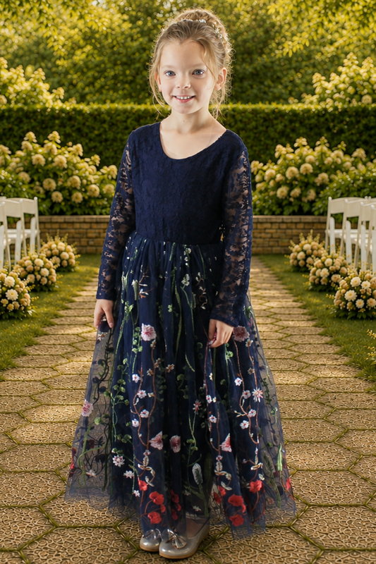 navy blue floral flower girl dress in embroidered floral tulle with long lace sleeves. 
