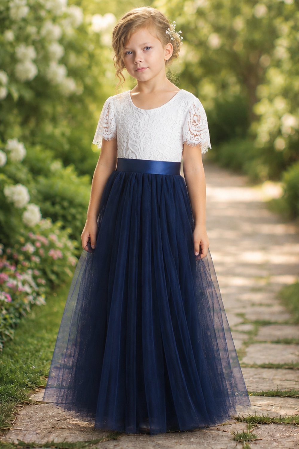 navy blue flower girl dress featuring short lace sleeves and a full length navy tulle length dress.