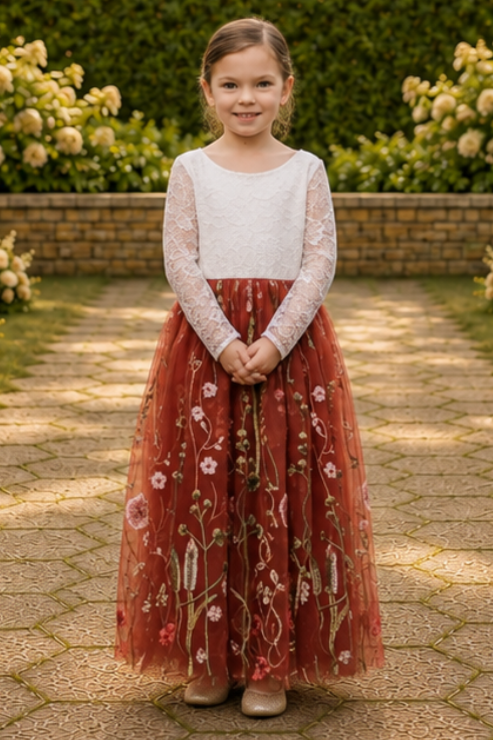 flower girl in rust floral embroidery tulle with long lace sleeves and full length dress. 