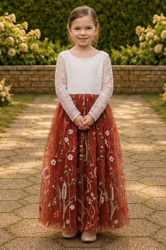 flower girl in rust floral embroidery tulle with long lace sleeves and full length dress. 
