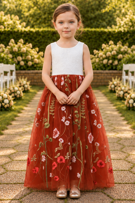 Rust floral embroidered flower girl dress in a sleeveless white lace bodice and full length tulle dress. 